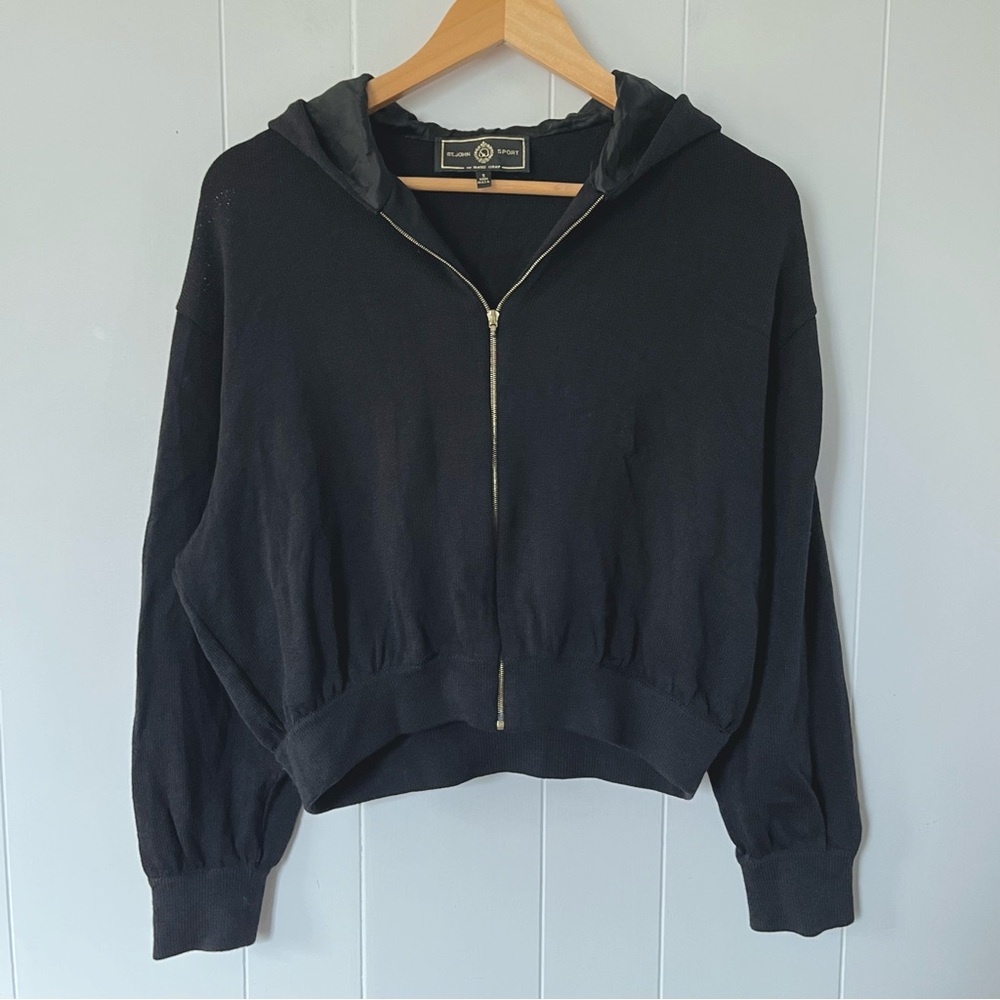 Vintage St John Sport Santana Knit Zipper Hoodie Black Wool Zip Sweater USA Vtg